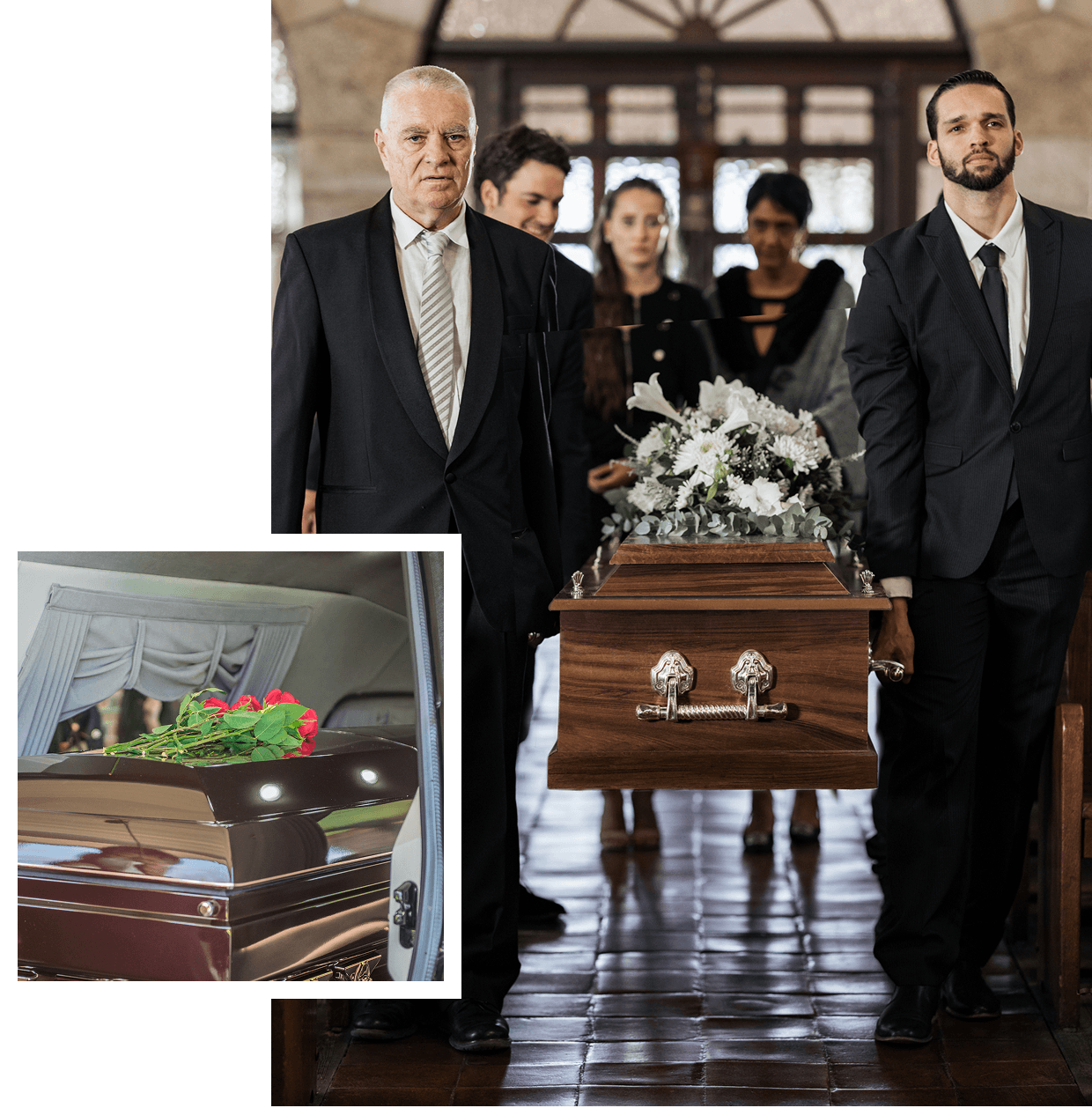 Somber funeral ceremony with mourners and casket