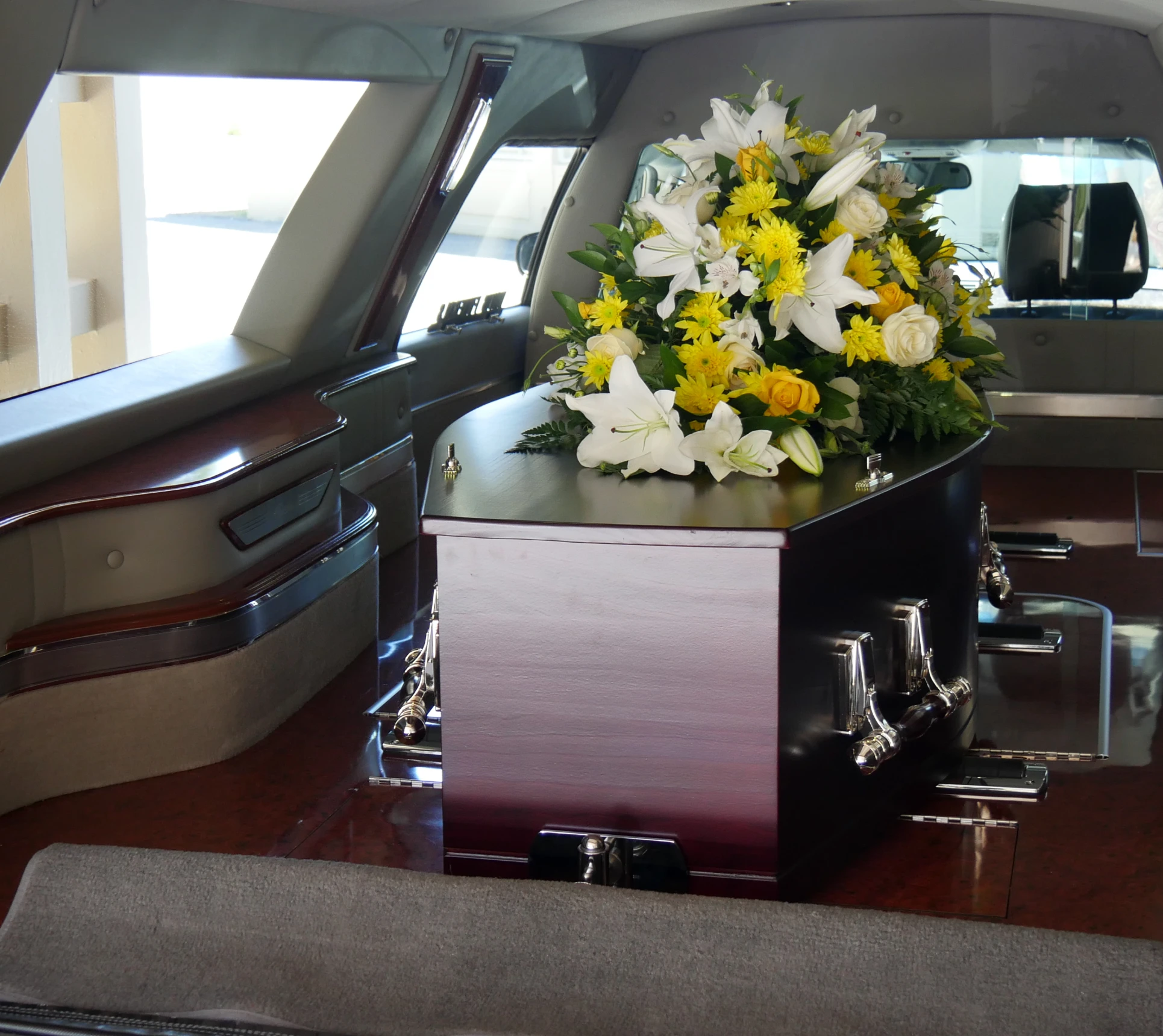 Funeral hearse interior with casket